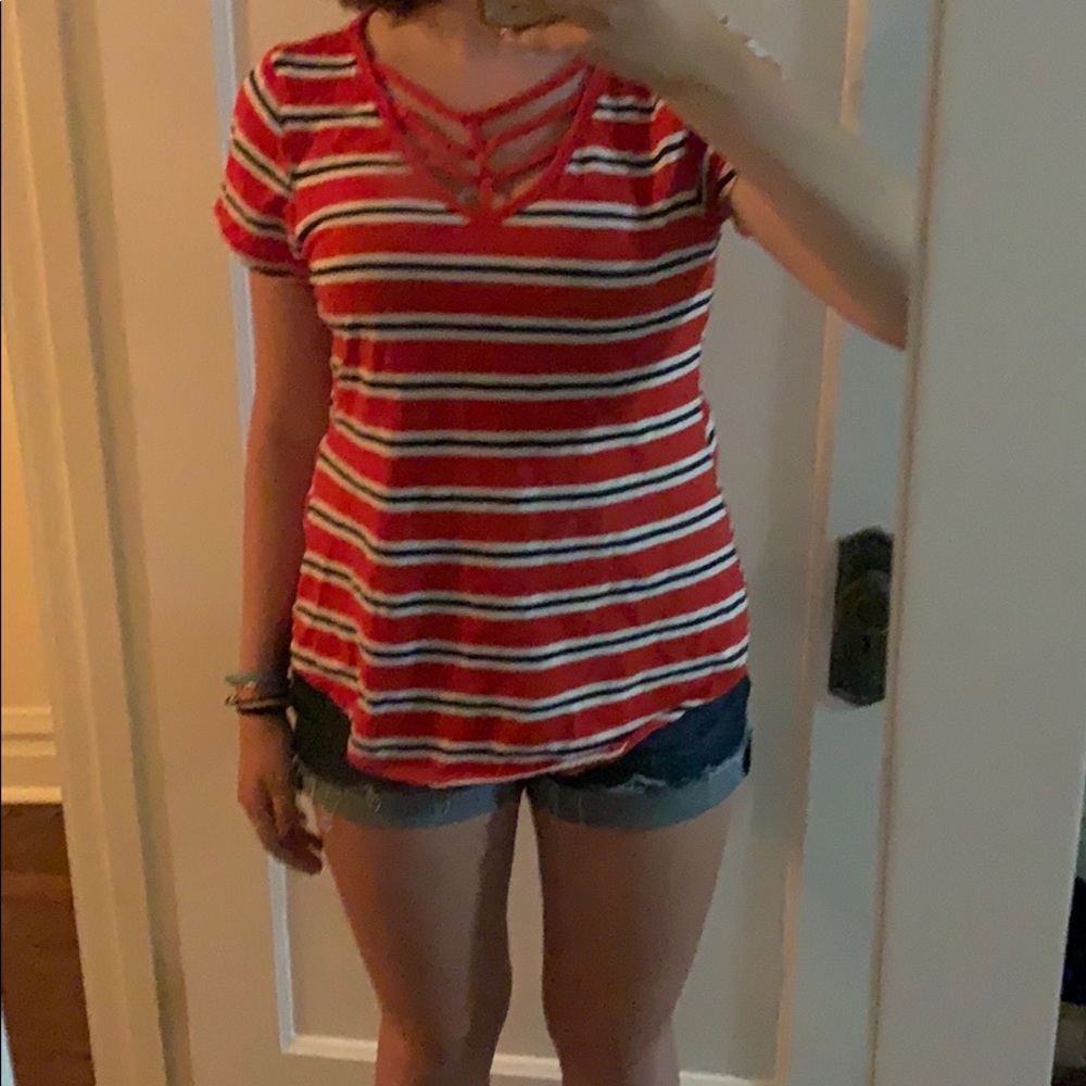 Maurices Red Striped Shirt with Neck Detail